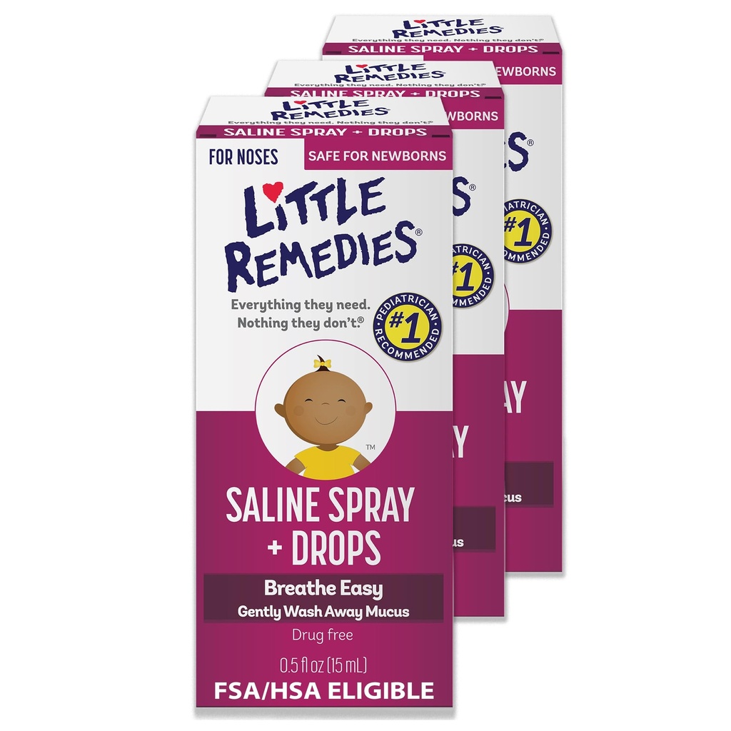 Little Remedies Sterile Baby Saline Nasal Spray and Drops, Safe for Newborns to Relieve Stuffy and Dry Nose, 0.5 Fl Oz, Pack of 3