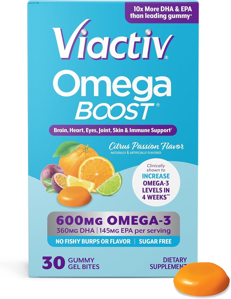 Viactiv Omega 3 Fish Oil Gummies. Tambahan EPA DHA untuk Kesehatan Hati dan Otak, 30 Sugar Free Gummy Vitamin, 1pc Serving