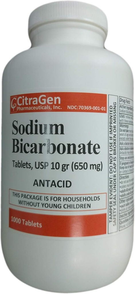 Sodium Bikarbonat Tablet USP 650 mg (10 Grains) untuk Relief of Acid Indibubles, Heartburn, Sour Stomach & Upset Attomach 1000 Tablet per Botol oleh CitraGen Farmasi Inc