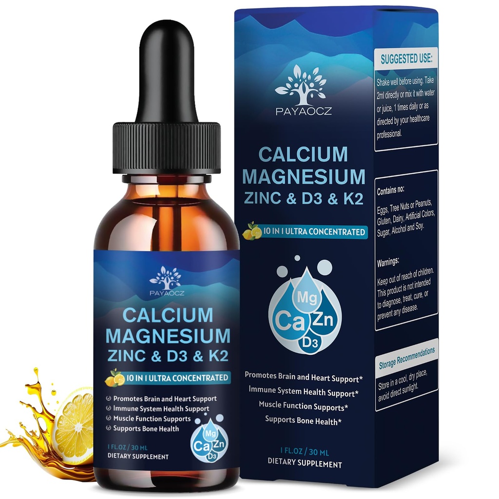 (2 Kemas) 10 dalam 1 Magnesium Kalsium Zinc Tambahan dengan Vitamin C D3 K2, Glycinate Mag Vegan Liquid Drops Plus L- Theanine Boron Ocean Moss Extract, Immune Dupport, Bone, Sleep & Leg & Fl Oz