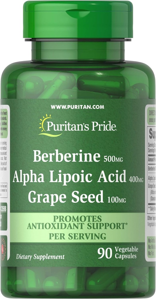 Puritan 's Pride Berberine, Alpha Lipoic Acid & Grape Benih, Promotes Antioksidant Dukungan, 90 Vegetable Capsules