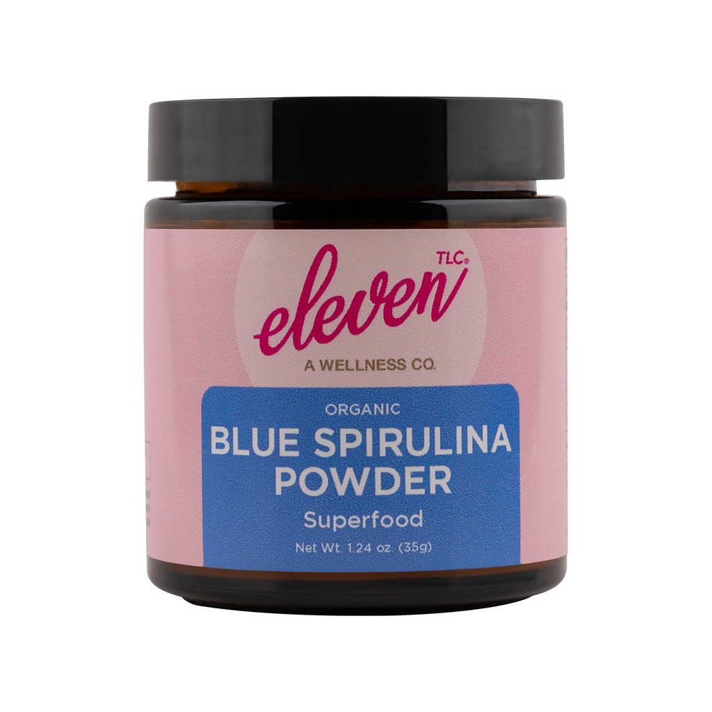 Eleven TLC, Powder Biru Organik, Flavorless, Superfood, Vitamin + Mineral, Espirulina Azul en Polvo, Plant Protein, Non- GMO, Non Messy Glass Jar, 1.24 Ounce 35 Servings