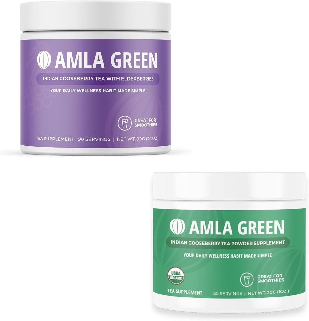 Dukungan Superfood Amla Powder & Green Tea, Dukungan Antioksidant, Dibuat dengan Elderberry (90 Pelayan) & India Gooseberry (30 Pelayan), Organik, Vegan