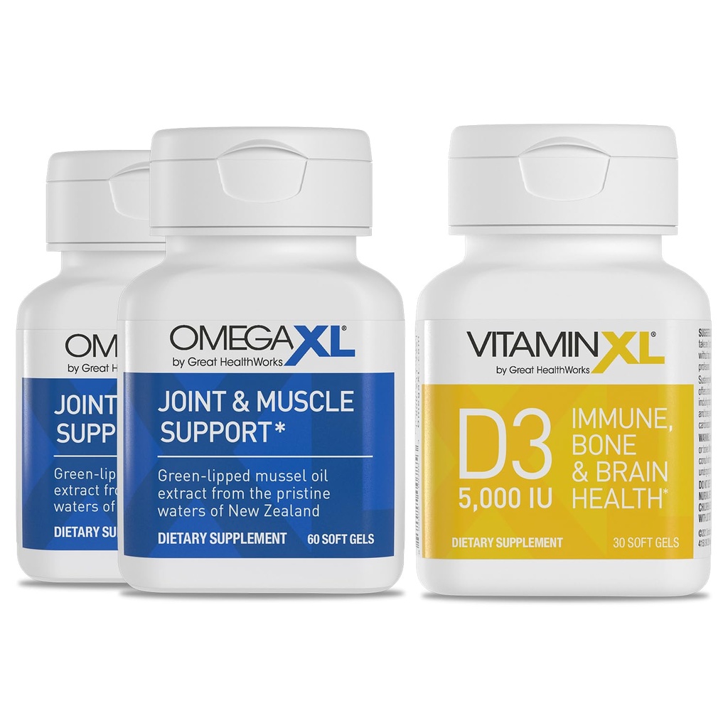 Suplemen Dukungan Gabungan OmegaXL - Dukungan Muscle / Imune Alam, 60 Softgels (2 Pack) & VitaminXL D3 Tinggi Potensi Vitamin D 5000 IU 125mcg Tambahan (30 Softgels)
