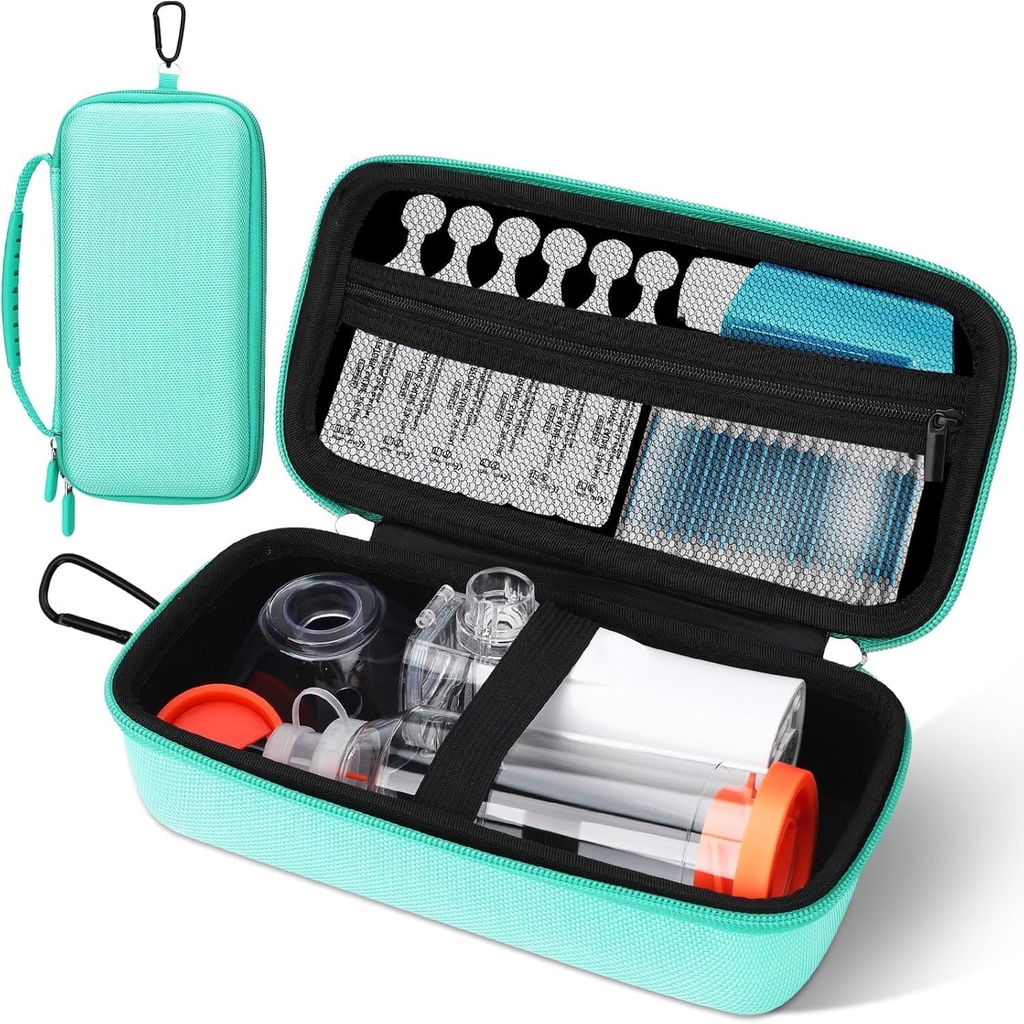 Asma Inhaler Case, Portable Nebulizer Organizer, Traveler-Ready with Mesh Pocket, Double Zippers, Silicone Handle, Children and AduIts, Stylish Green