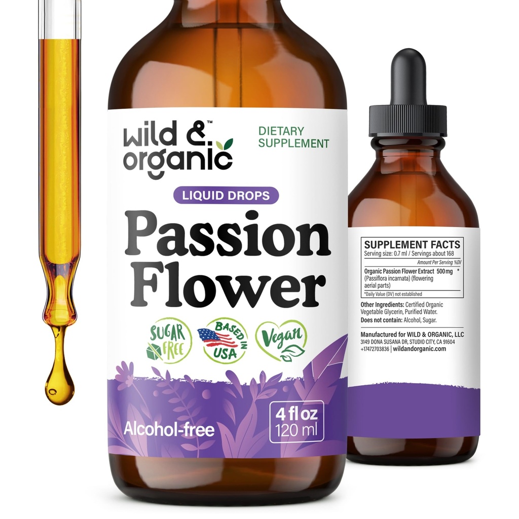 Wild & Organic Passion Flower Tasture - Mood Support - Calming Passionflower Suplement - Passiflora Incarnata Extract - Vegan, Sugar & Alcohol- Free Herb Drops - 4 fl oz