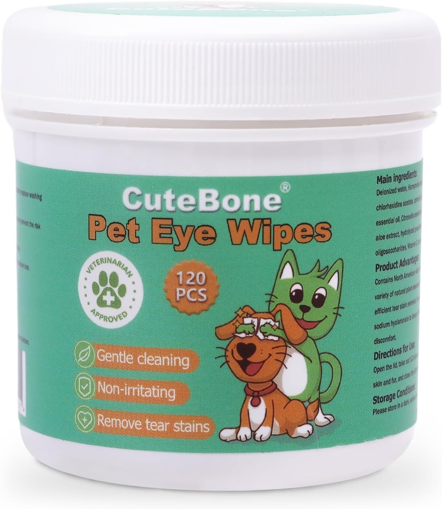 CuteBone Pet Eye Wipes 120 - Gentle and Soothing Eye Cleaning Wipes for Dogs and Cats, Remove Dirt, Tear Stains, and Debris, Prevents Eye Infeksi, Natural Ingreations, Aman dan mudah digunakan