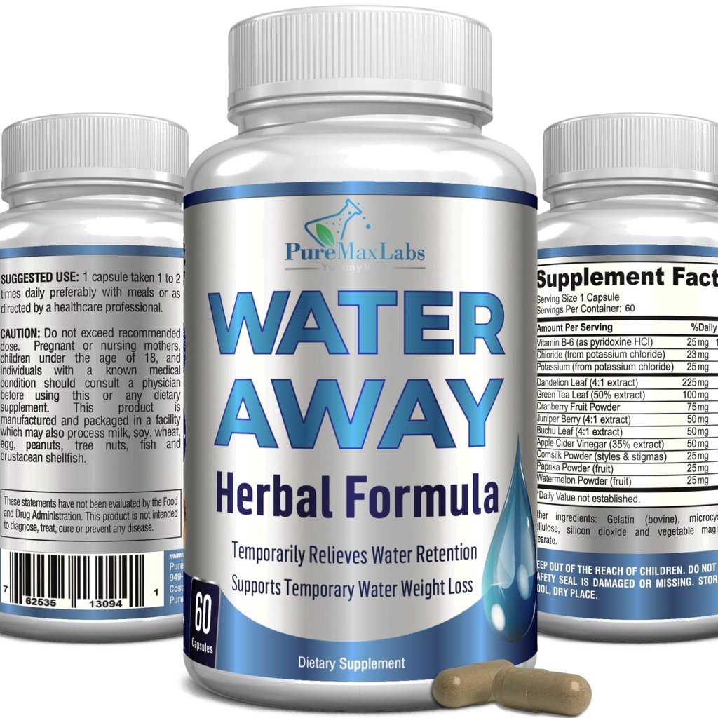 Water Away Gentle Herbal Diuretic - Natural Diuretic Water Pills - Relieve Bloating, Reduce Excessful Water Weight with Dandelion Leaf, Green Tea, Detox Cleanse & Urinary Health. Non- GMO, 60 Capsules