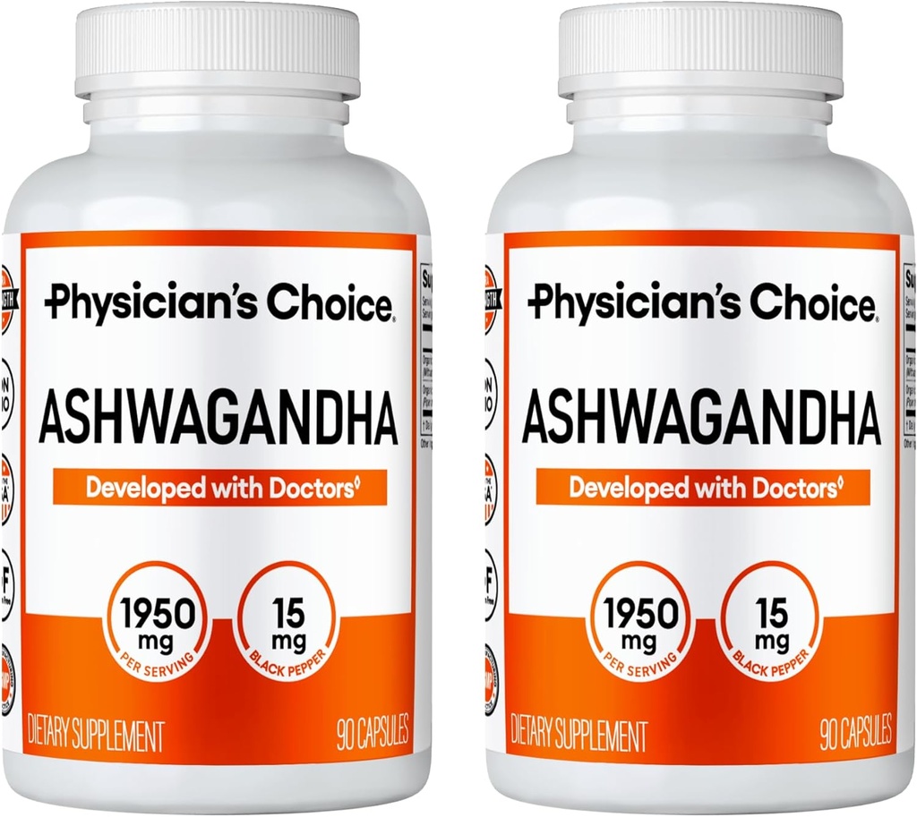 Physician 's CHOICE Ashwagandha 1950mg Organik Ashwagandha Root Powder dengan Black Pepper Extract, Stress Supplemen Mood, 90 Veggie Ashwagandha Capsules - 2 PCK