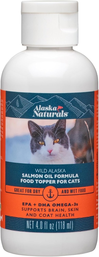 Alaska - Wild Alaska Salmon Oil Formula Cat Food Topper - EPA dan DHA Omega-3 - Tambahan untuk Kucing Sehat Skin - Dibuat di USA - 4 oz Bottle