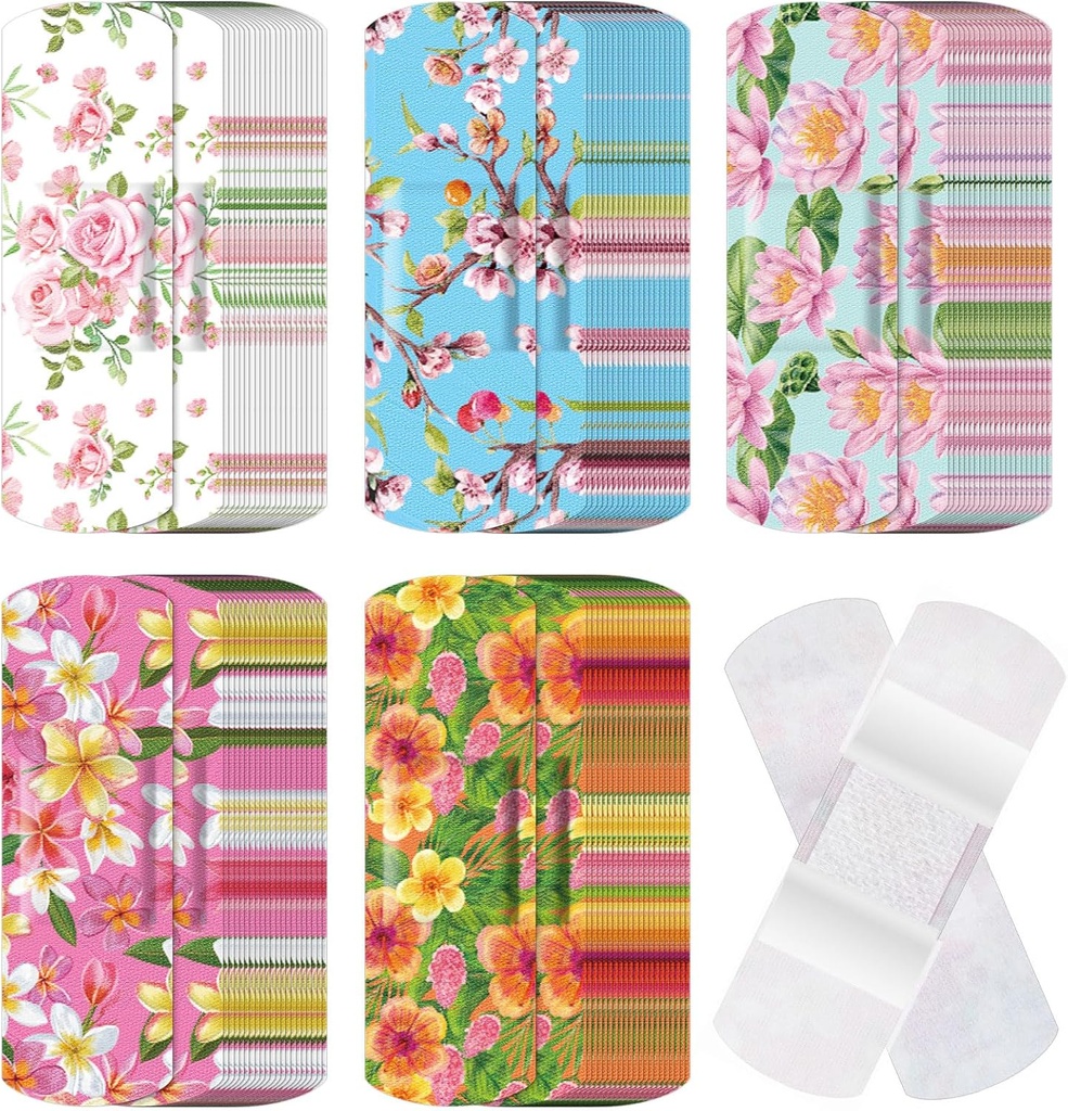 120 Pcs Fabric Adhesive Flexiable Bandages Bulk Berwujud dan Pola Kecil Kembang Fabric Kecil dengan Non Stick Pad 3 x 1 Inch untuk Cuts Weund Scrapes Women (Floral)