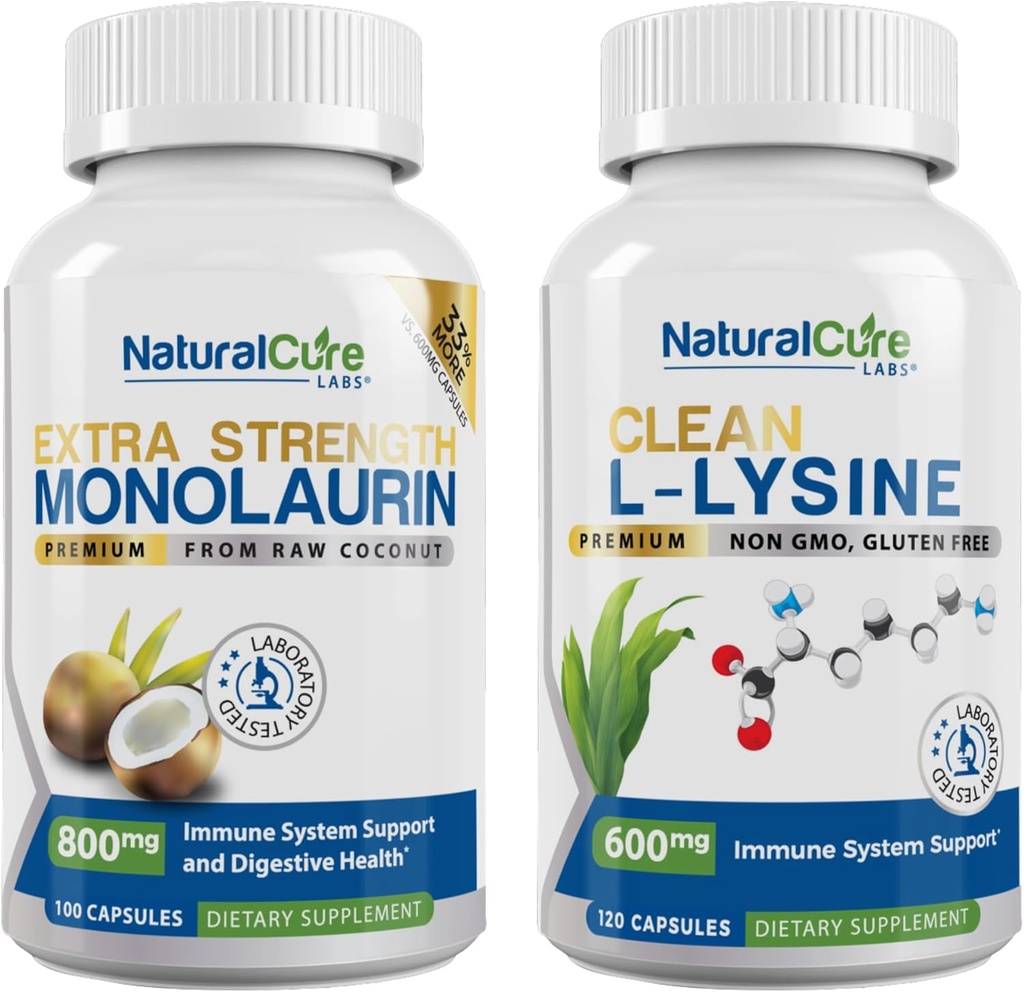 Natural Cure Labs Bundle: Ekstra Kekuatan Monolaurin 800mg + Clean L- Lysine 600mg