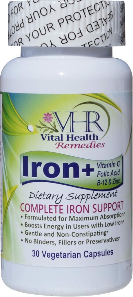 Iron + dengan Vitamin C, FOLIC Acid, B12 & ZINC Preservative- Free, Gentle and Nor-constipating Formulating for Maximum Absorpsi. 30 Veggie caps-Vital Health Remedies