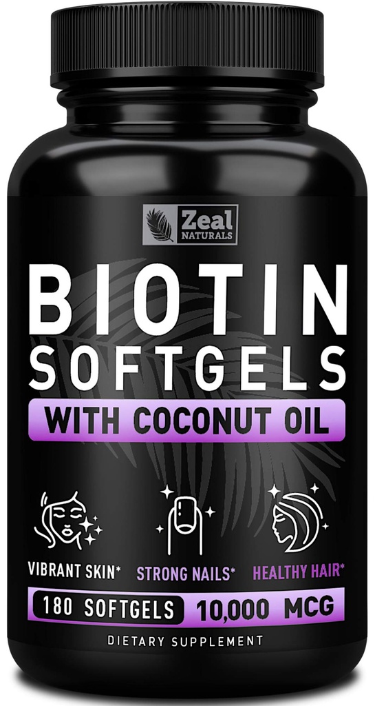 Zeal Biotin 1000mcg dengan Organic Coconut Oil Softgeels 124; Vitamin Biotin Suplement 12.4; Hair Skin dan Nails Vitamin untuk Perempuan & Men 124; 6 mo Supply - 180 Gel Kapsul
