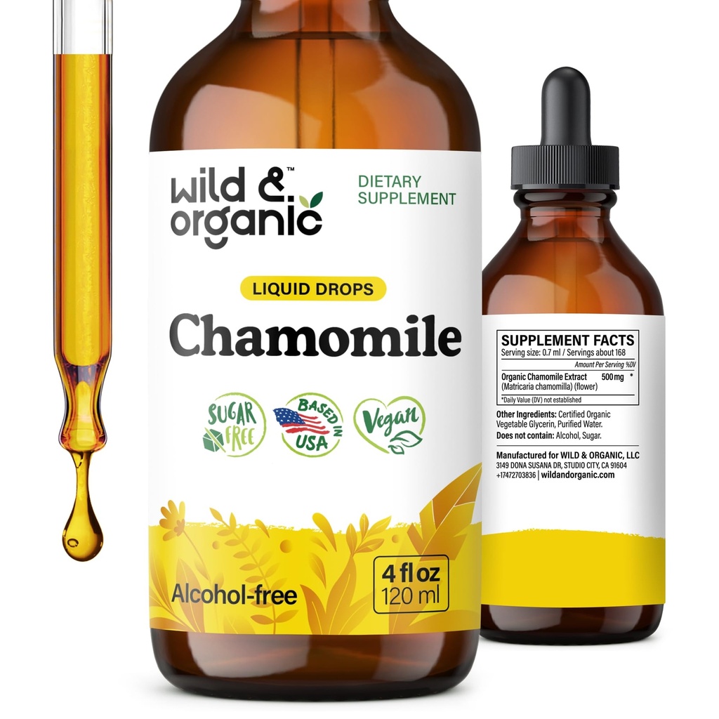 Wild & Organic Chamomile Flowers Tsucture - Persediaan Pemantauan untuk Relaxation - Chamomile Extract Liquid Drops - Vegan, Sugar & Alcohol- Free - 4 fl oz