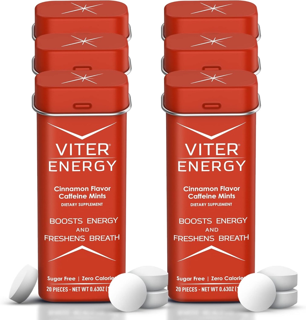 Viter Energy Caffeine Mints (120 Pieces) - 40mg Caffeine, Sugar Free, Vegan, B Vitamin Complex, Suplemen Energi Pil Kafein (Cinnamon, 6 Pack)