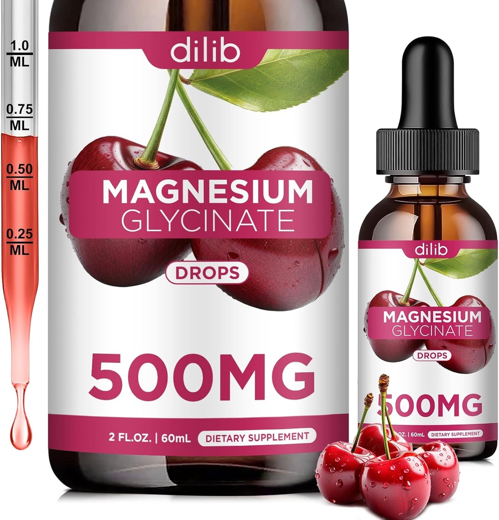 Magnesium Glycinate Suplement, Magnesium Glycinate Liquid Drops 500mg with Calcium, Zinc, Vitamin B6, D3, L- Theanine, Omega 3 for Sleep, Mood, Stress Relief, Bone, Muscle, Cherry Flavor
