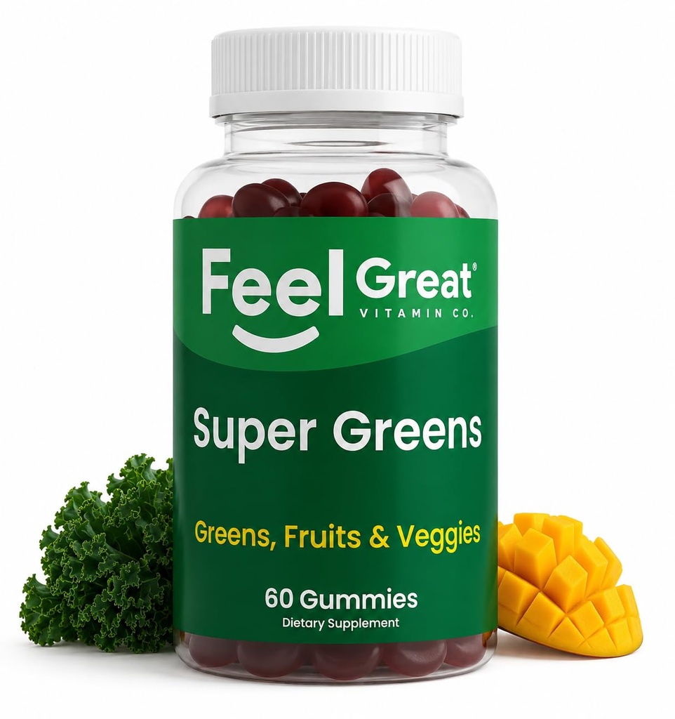 Super Greens Gummies - Green Superfood Suplement with Spinach, Brokoli, Kaet, Beet Root, Elderberry for Immunity Support - Fruit and Vegetable - Watermelon Flavor, 60 Gummies