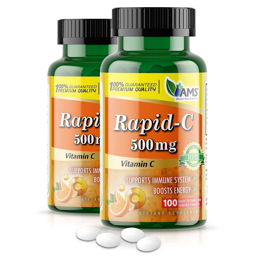 Amerika Medis & Science Rapid-C 500mg Vitamin C Tambahan (2 Paket 100 Tablet) Energi Booster, Dukungan Sistem Ammune Harian, Antioksidant 14; Vegan, Non- GMO Dihiasi Accorbic Acid untuk Pria & Perempuan