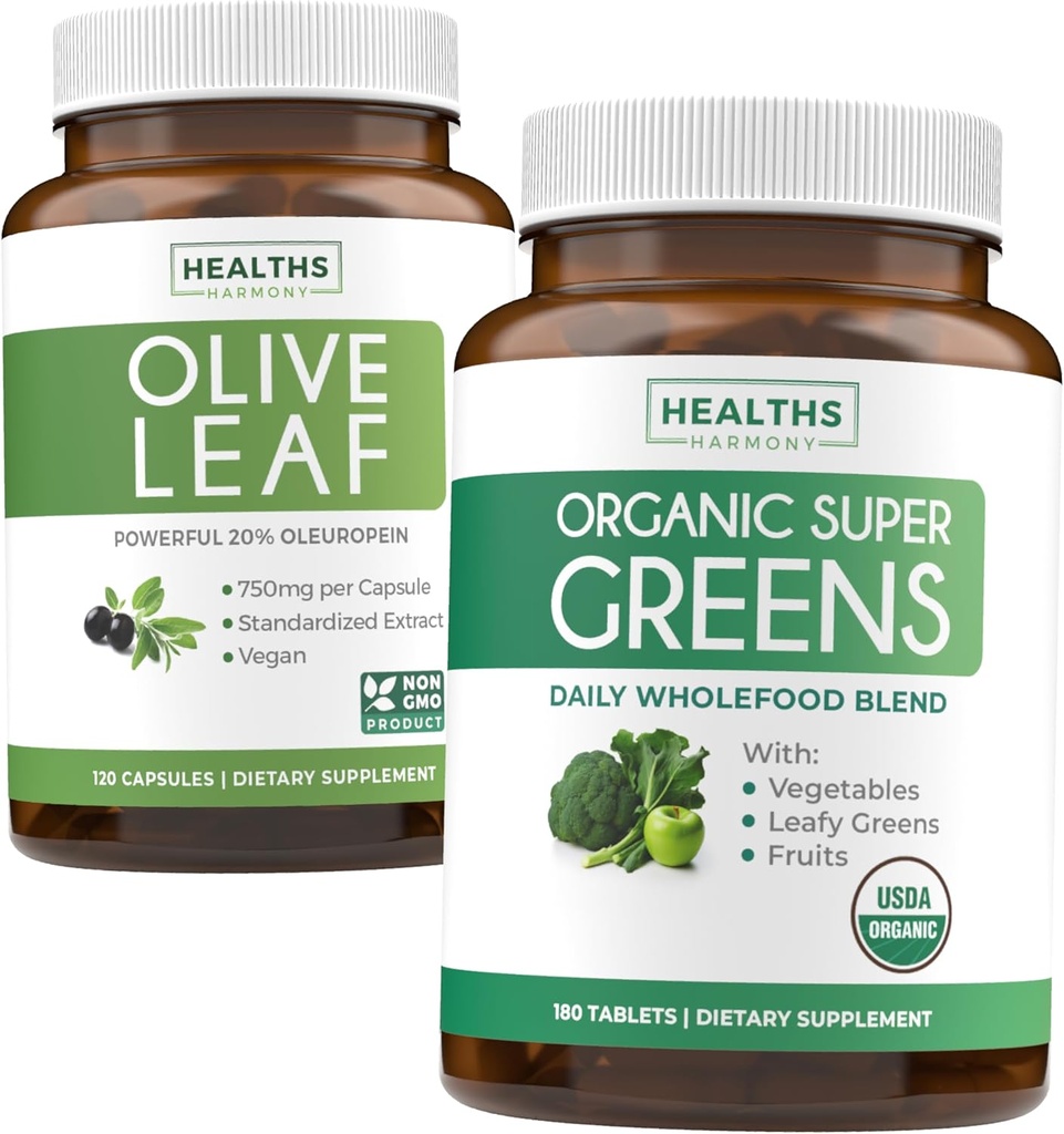 Olive Leaf Extract & Organic Super Greens (4-Month Supply) Pure Plant Power Bundle of Olive Leaf Extract (120 Capsules) Super Power & Organic Super Greens (180 Tabets) Organik Superfood