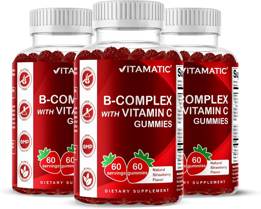 Vitamin Vitamin B Kompleks Gummies dengan Vitamin C & Inositol - Natural Strawberry Flavor - 60 Gummies (3 Botol)
