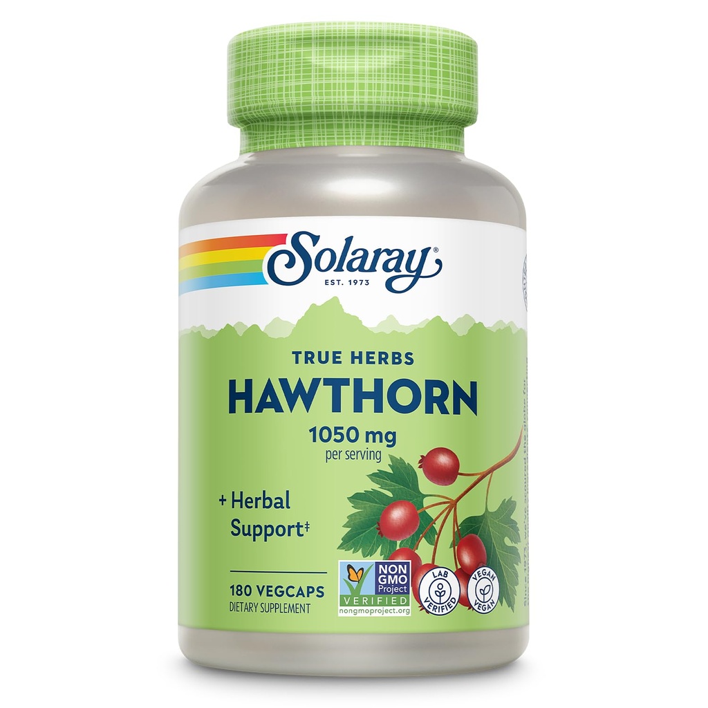 SOLARAY Hawthorn Berry Capsules 1050 mg - Sothing Herbal Dukungan - Hawthorne Berry Suplemen Overall Wellness Dukungan - Whole Berry, Vegan, Non-GMO, 60 Hari Jaminan, 90 Layanan, 180 VevCaps