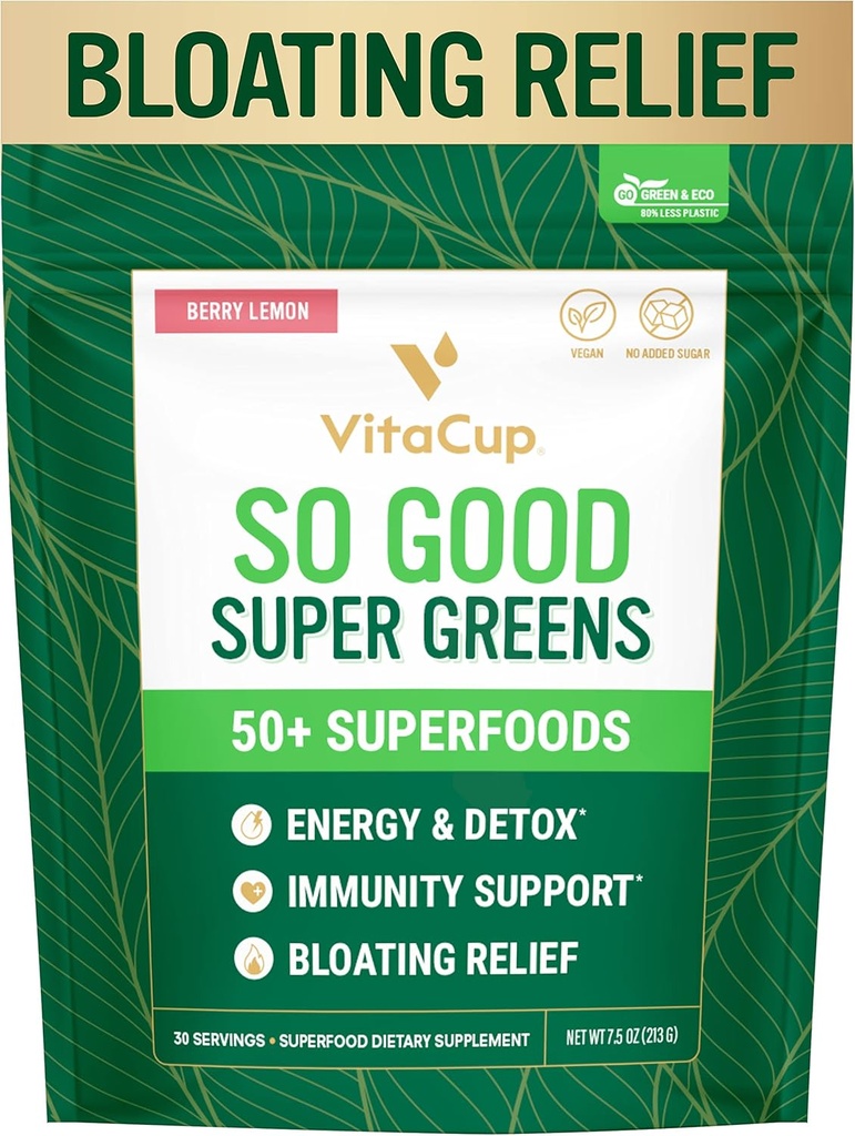 VitaCup So Good Super Greens Powder w / 50 + Premium Superfoods, Boost Energy, Detox, Imunity w / Progories, Pregren, Fiber Antioksidants, Adaptogens, Spirulina, Berry Lemon, 30 Hamba