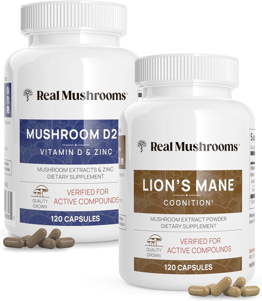 Mushroom Real Vitamin D2, Zinc, Chaga, Reishi (120ct) and Lion 's Mane (120ct) Bundle - Imunitas dan Dukungan Kognitive, Cheleated Zinc for Impressed Absorpsi - Vegan, Gluten Free, Non-GMO