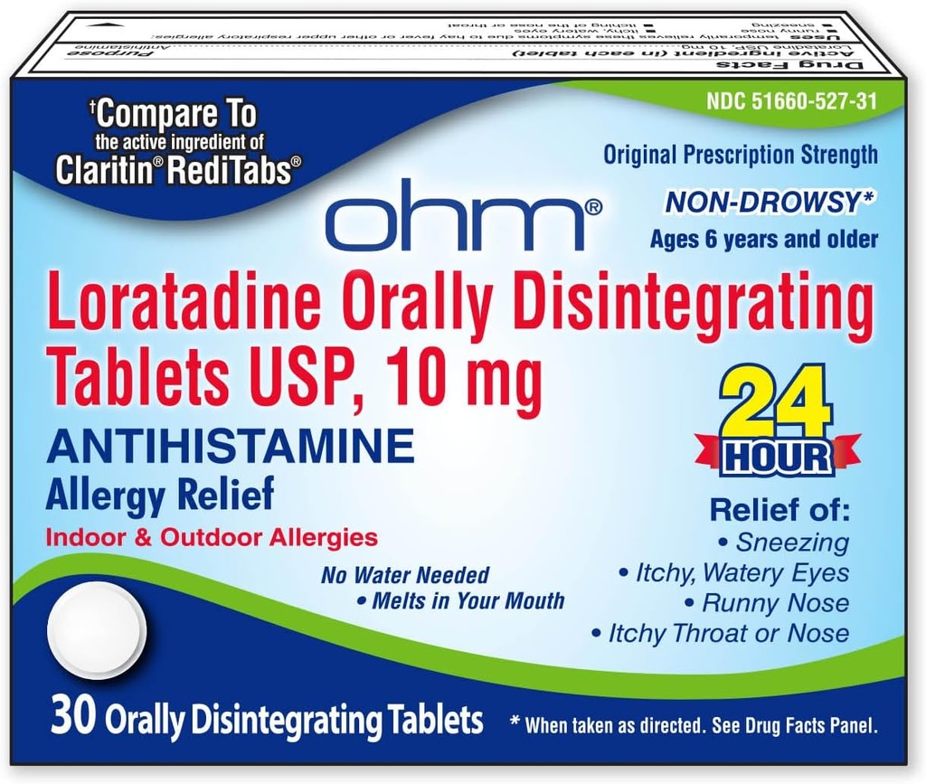 Ohm Loratadine 10 mg Allergy Medicine - Non Drowsy All Day Allergy Relief, 24 Hour Antihistamin, Orally Disintegrate Tablet, Efektif Relief, untuk Ages 6 dan sampai - 30 Count