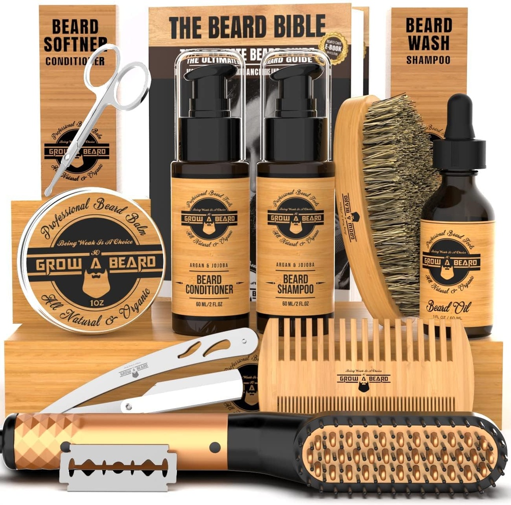 Beard Straightener Grooming Kit for Men, Beard Growth Kit, Brush & Comb, Unscented Growth Oil, All Natural Chanel Balm, Conditioner, Razor & Gunting, Great Givenide for Men 's (Bamboo)