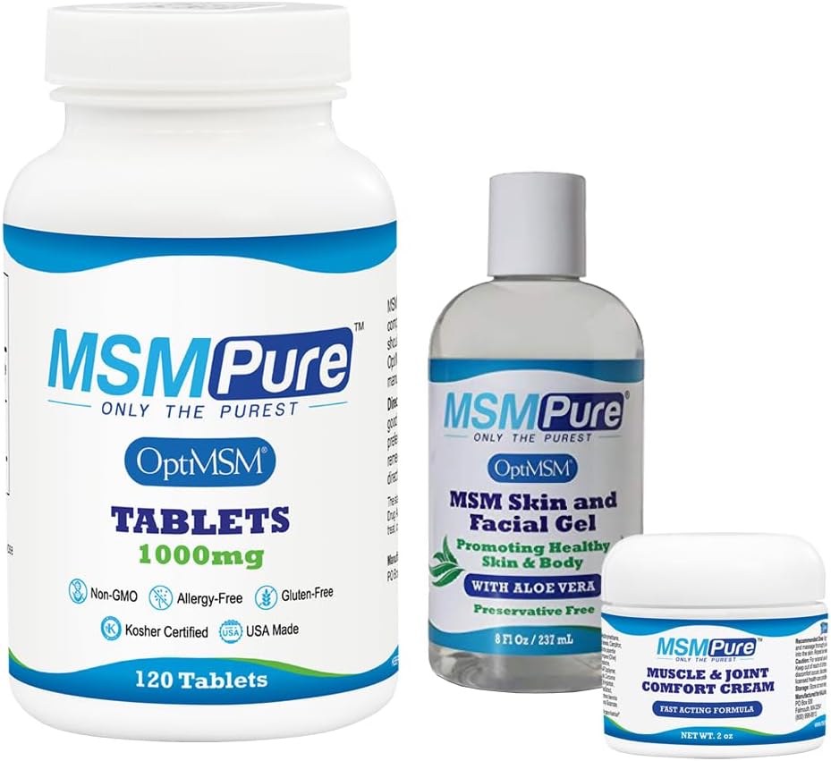KALA HEALTH MSMPure Starter Bundle dengan MSM Tablet 120, MSM Muscle & Joint Cream 2oz dan MSM Gel dengan Organik Aloe 8oz