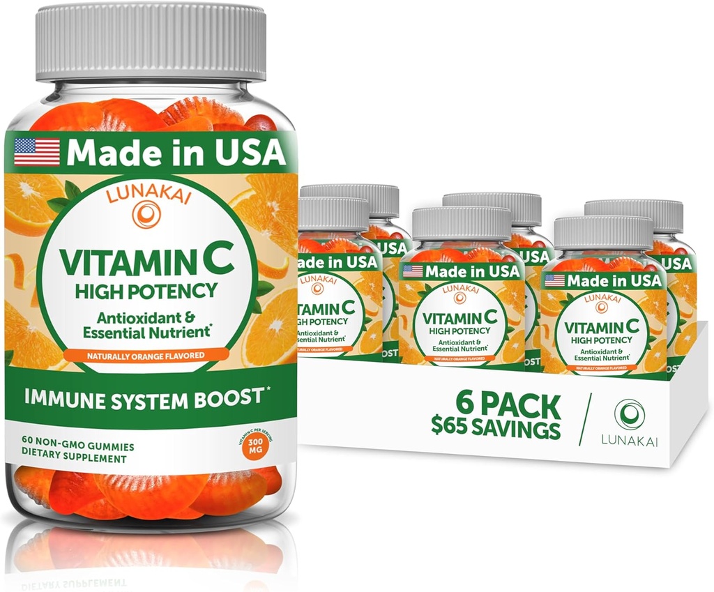 Lunakai Vitamin C Gummi untuk Orang dewasa dan Anak-anak - Organik VIT C Vegan Cerah Gummy Vitamin - 250 mg Dewasa, Anak-anak, Anak-anak mengunyah - 6 Pack