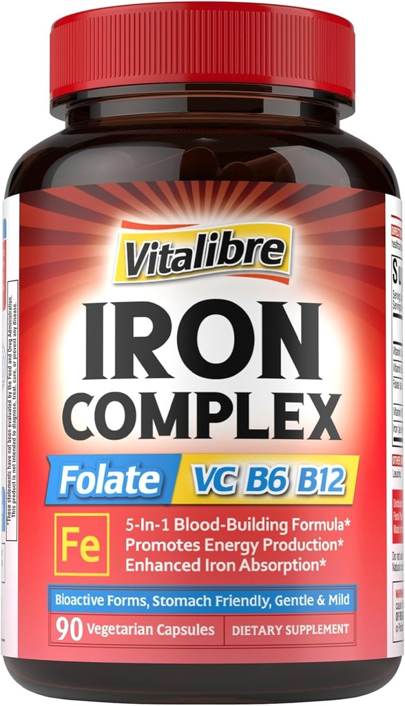 Tambahan Besi untuk Perempuan & Pria, dengan Vitamin C, B6, B12 & Founded for Iron Deficiency, Blood Building & Energy, Stomach Friendly, Better Absorpsi, Non- GMO, No Gluten, 90 Vegan Caps