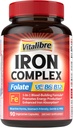 Tambahan Besi untuk Perempuan & Pria, dengan Vitamin C, B6, B12 & Founded for Iron Deficiency, Blood Building & Energy, Stomach Friendly, Better Absorpsi, Non- GMO, No Gluten, 90 Vegan Caps