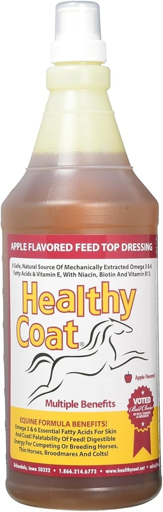 HealthyCoat Supplement 32 oz - All- Natural Omega 3 & 6 Feed Top & 6 Dress for Shiny Coat, Healthy Skin, Hooves & Joints - Dibentuk dengan Biotin, B12, Lecithin & Vitamin E - Apple Flavor