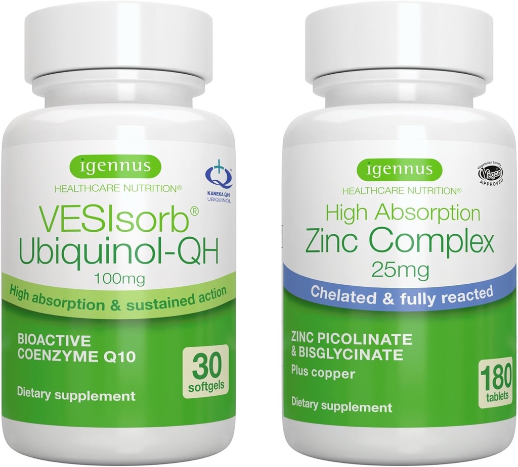 VESIsOrb Ubiquinol- QH + Zinc Complex Bundle for Fertility, Fast- Acting Advanced CoQ10 100mg + 25mg Contated Zinc, by Igennus