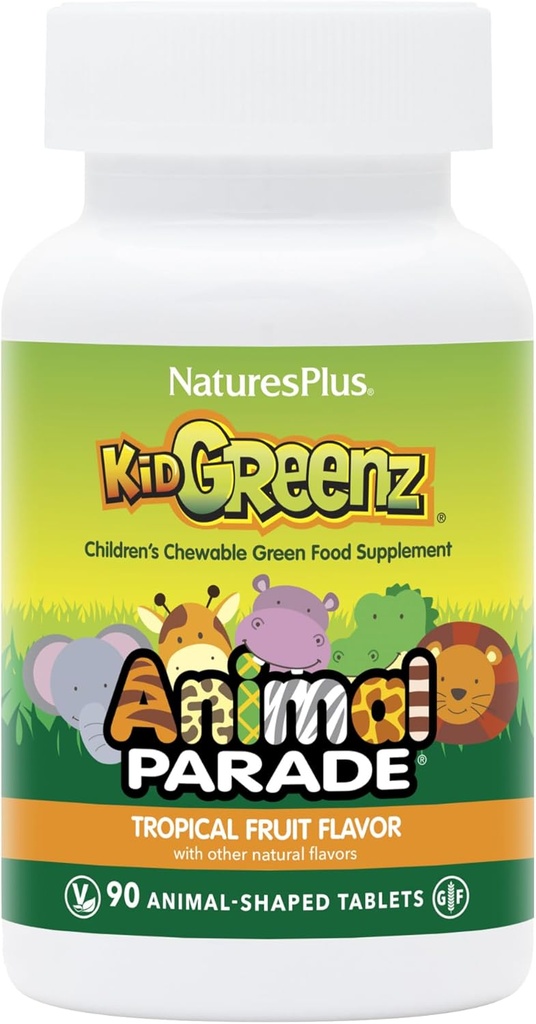 NaturesPlus Parade Hewan KidGreenz, Tropical Fruit Flavor - 90 Animal- Shaped, Chelable Tablets - Paket 2 - dengan Brokoli & Spinach - Vegetarian, Gluten Free - 180 Total Servings
