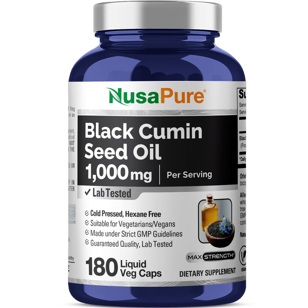 NusaPure Black Seed Oil 1,000 mg per Serving 180 Softgel Capsules (Non- GMO, Vegetarian) Cold- Menekan Virgin Nigella Sativa. Hexane Free