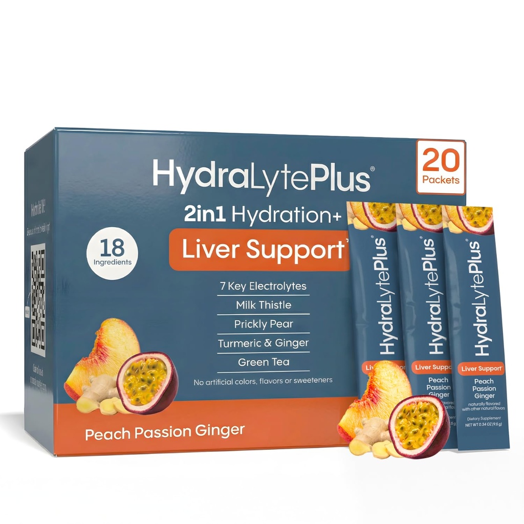 Hydralyte Liver Dukung + Electrolite Mix dengan Milk Thistle, Turmeric, Ginger, Prickly Pear, Green Tea Extract Formulation for Rapid Rehydration (Peach Passion Ginger, 20 Paket)