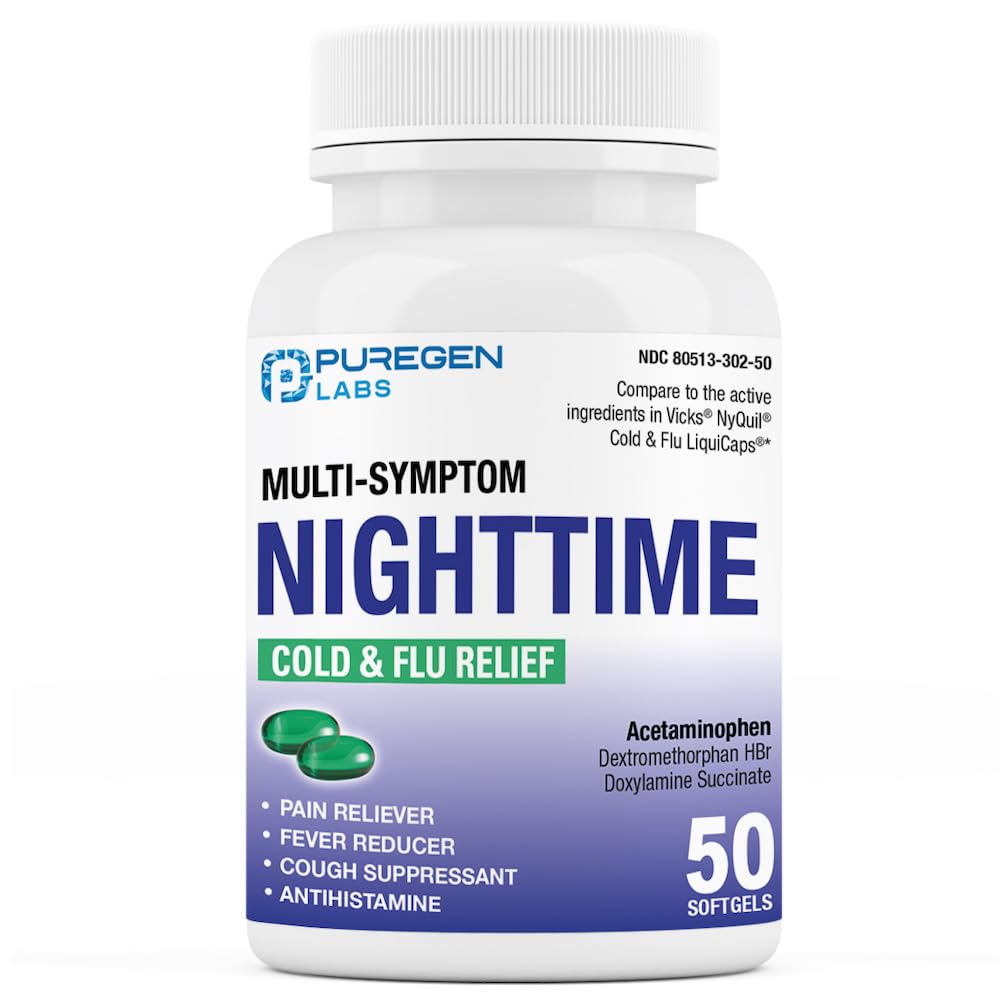 Puregen Labs Cold and Flu Relief Medicine: 124; 50 Softgel Liquid Capsules; Helling Relieve Sore Throat, Cough, Feat, Headsiches, Runny Nose, Conbubble dan Aches 124; Nilai Pack