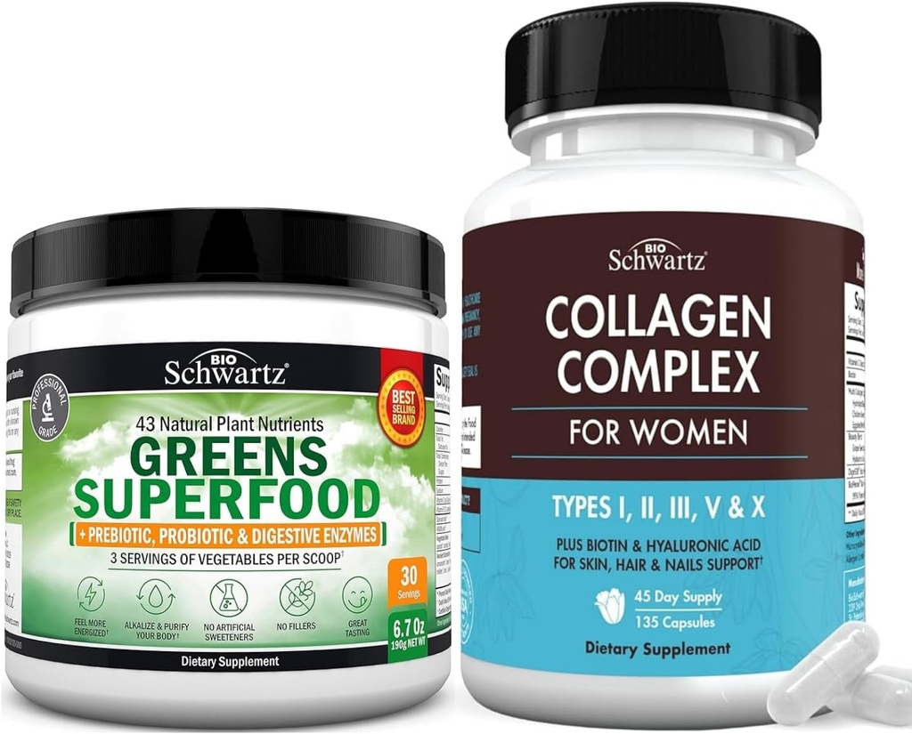 Super Greens Powder with Probiletic Pregrance and Digetical Enzymes (30 Servings) Plus Hydrolyzed Collagen Peptide Capsules (45 Day Supply)