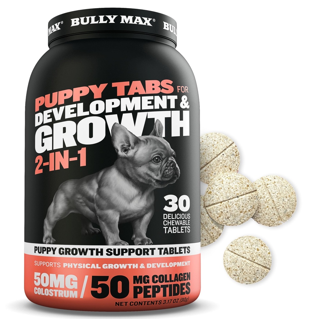 Bully Max 2-in- 1 Puppy Vitamin - 30 Tewable Tablet untuk Pengembangan dan Pertumbuhan Pupies - Perlakuan Anjing, Persediaan Vitamin & Pertumbuhan Bayi & Besar - Dapat Digunakan sebagai Food Topper