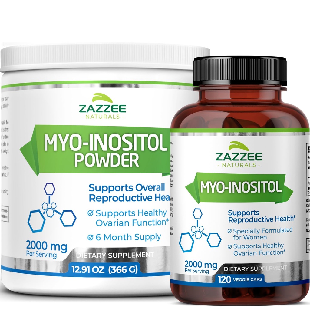 Zazzee Myo- Inositol Kapsul dan Myo- Inositol powder, 100% Murni, Premium Grade, Vegan, Non- GMO dan All Natural