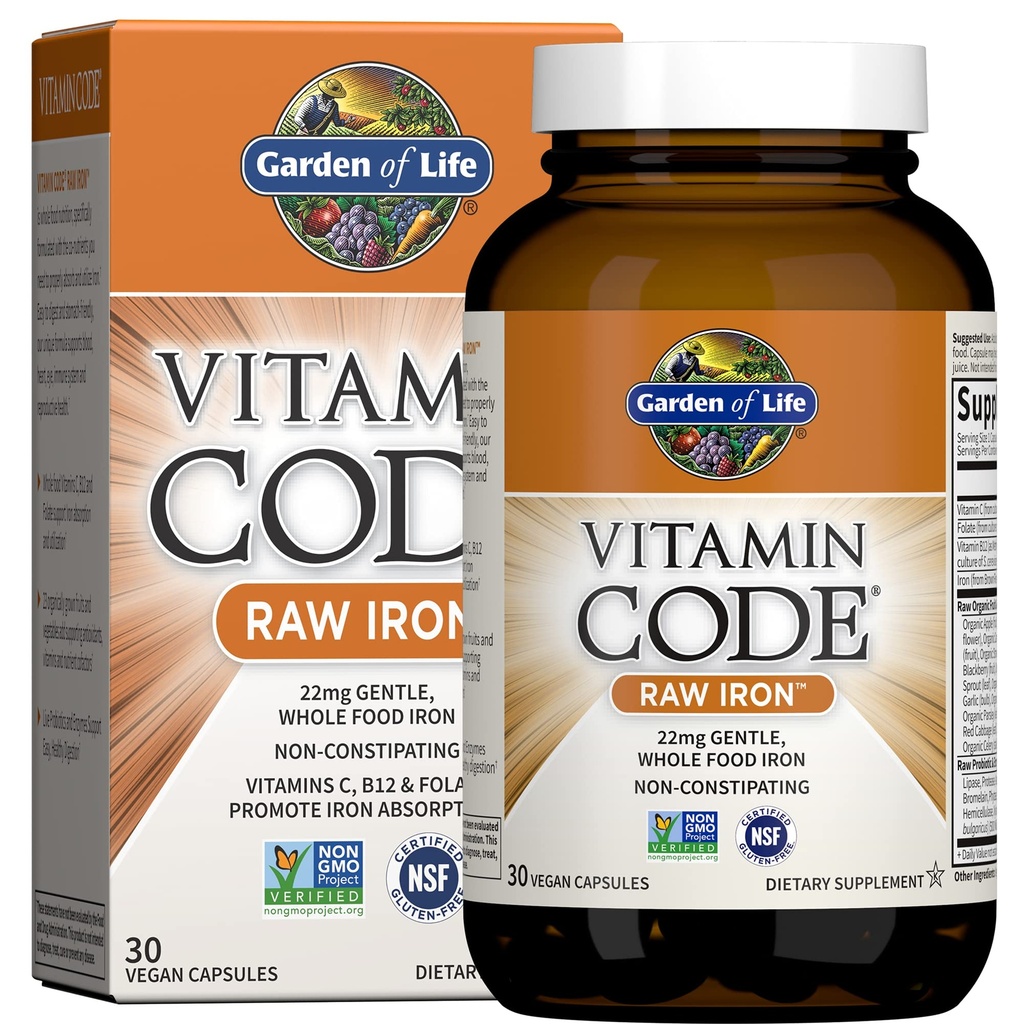 Garden of Life Vitamin Code Raw Iron Suplement - 30 Vegan Capsules, 22mg Once Daily Iron, Vitamin C, B12, Floid, Frued, Vegies & Progories, Suplemen Besi untuk Perempuan, Energi & Anemia Dukungan