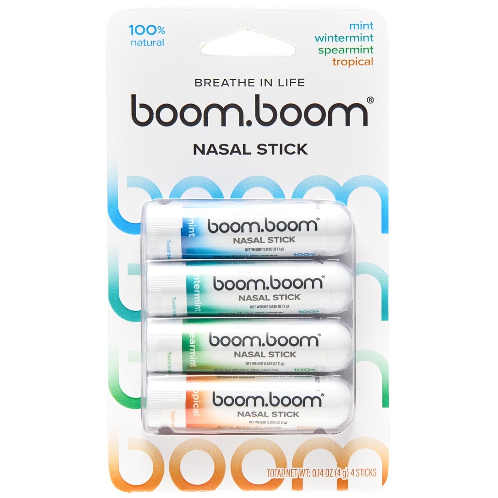 BoomBoom Nasal Stick 124; Vapor Flow Technology 124; Cool Refreshing Sensation 126; Natural Mood Boost 124; Simple Ingregents 124; Escerous Oils + Menthol Inhaler (Mint, Wintermint, Tropis, Spearmint)