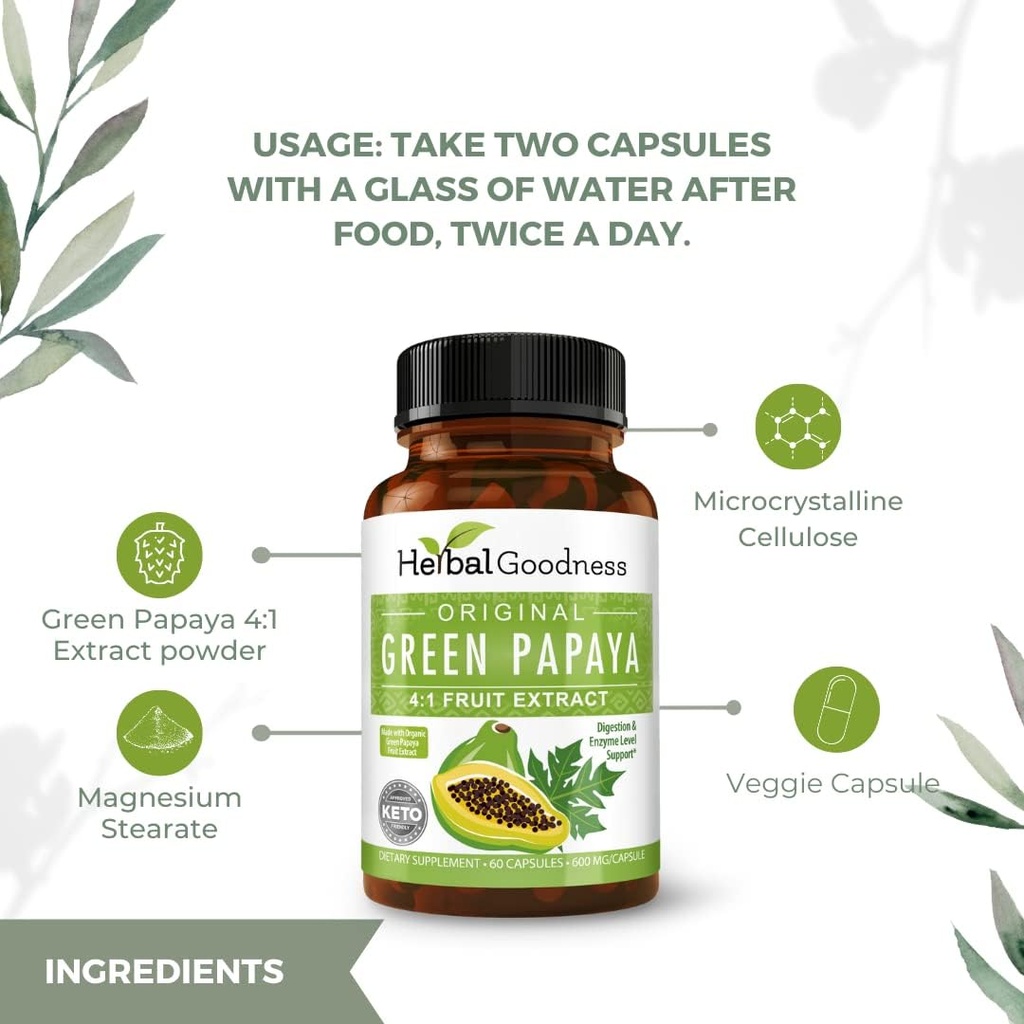 Green Papaya Capsules 4X Strength, Organic Papiya Leaf & Fruit for Platelets, Digetical Health, Enzymes, Propines, Antioksidants - 600mg, 60 Capsules, Kasus 12 - Herbal Kebaikan