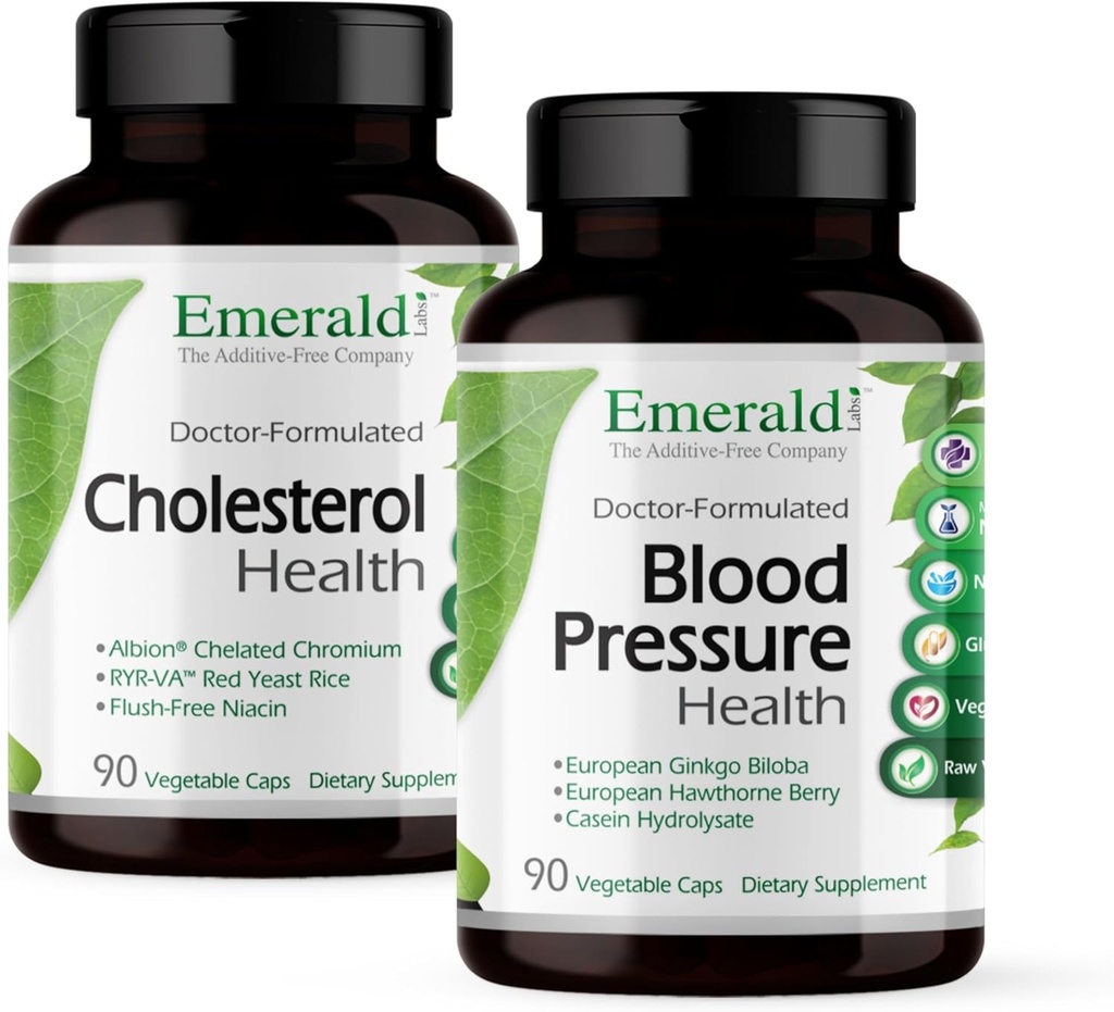 EMERALD LABS Cholesterol Health (90 Caps) & Blood Pressure Health (90 Caps) - Dukung sistem jantung dan peredaran darah - Dukung Tekanan darah Levels dalam Rentang Normal - Gluten- Free - 30- Day Supppply
