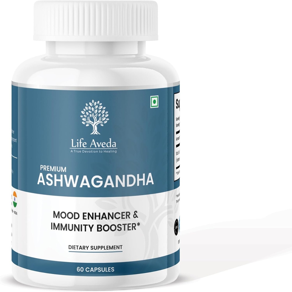 Kehidupan Aveda Ashwagandha 500mg, 60 Kapsul - Suplemen Herbal Alam untuk Dewasa (Persediaan 1 Bulan)