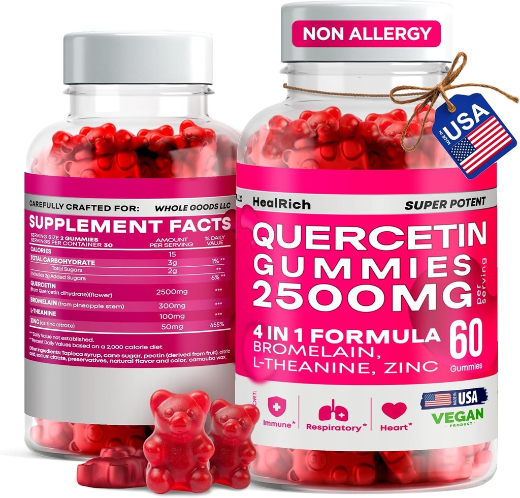 Quercetin Gummies - 2500MG Quercetin dengan Bromelain L- theanine & Zinc - Suplemen Murni untuk Imune System Lung dan Allergy Dukungan - Imunity Booster Vegan Suplemen untuk Anak & Orang Dewasa - Dibuat di AS