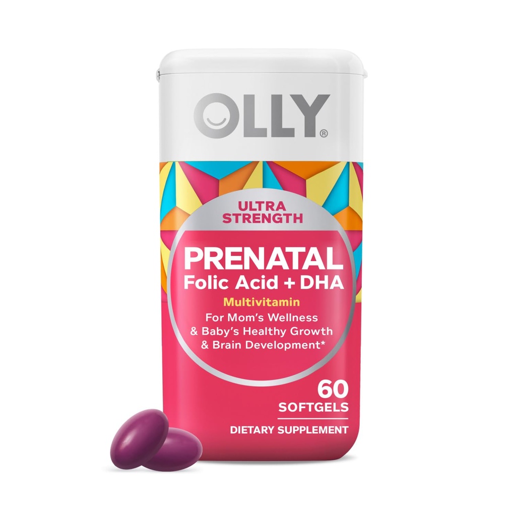 OLLY Ultra Power Prenatal Multivitamin Softgels, Dukung Kesehatan, Pengembangan Otak, Besi, Acid Folic, DHA, Vitamin C, E, 30 Hari Supply60